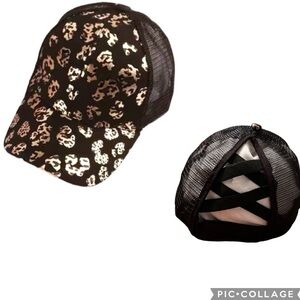 New Leopard Black & Gold Print Trucker Hat, Cross Strap Back Mesh for Ponytail